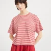 T-shirt & Top-Brunello Cucinelli T-shirt Crop in jersey rigato di cotone con Shiny Pocket Detail Rosso (C7048)