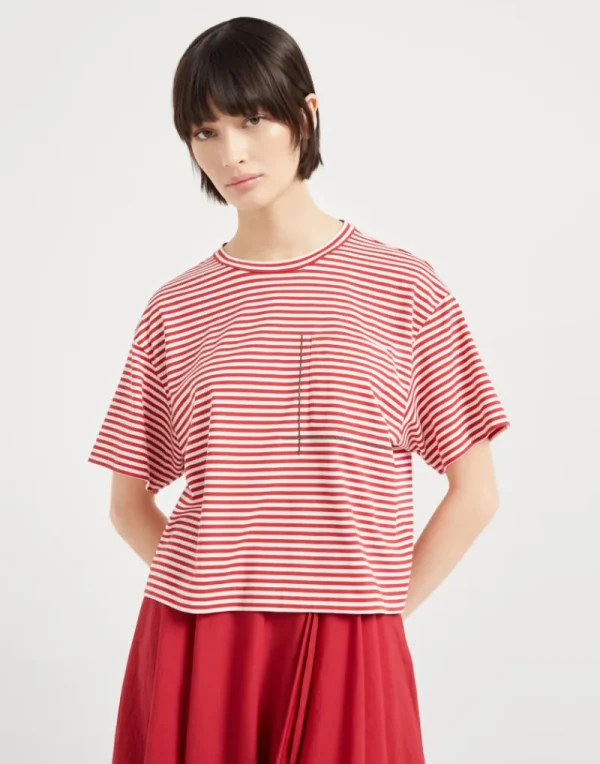 T-shirt & Top-Brunello Cucinelli T-shirt Crop in jersey rigato di cotone con Shiny Pocket Detail Rosso (C7048)