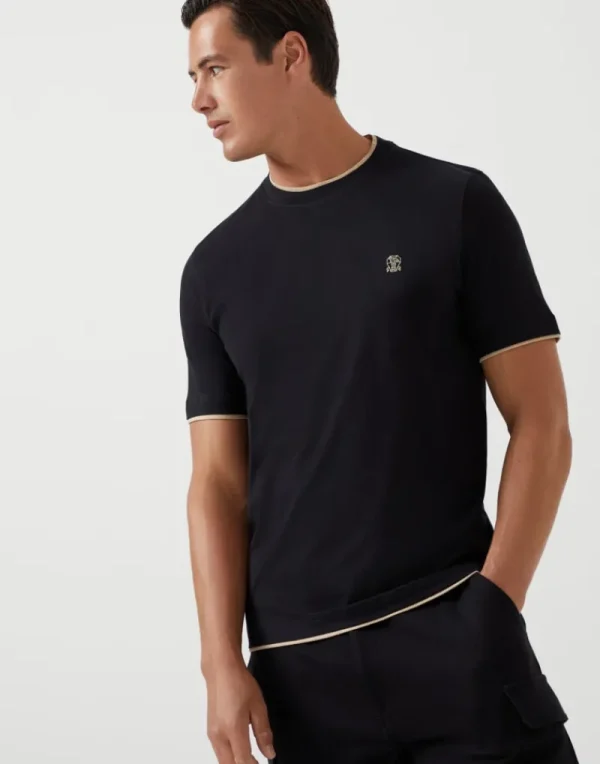 T-shirt & Polo-Brunello Cucinelli T-shirt girocollo in jersey di cotone con logo e Faux Layering Nero (CNH72)