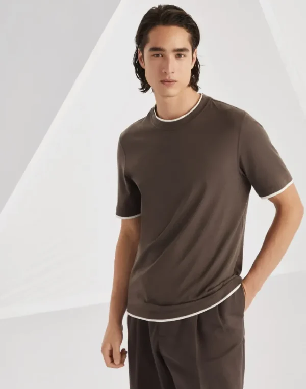 T-shirt & Polo-Brunello Cucinelli T-shirt girocollo in jersey di cotone con Faux Layering Caffé (CAG04)