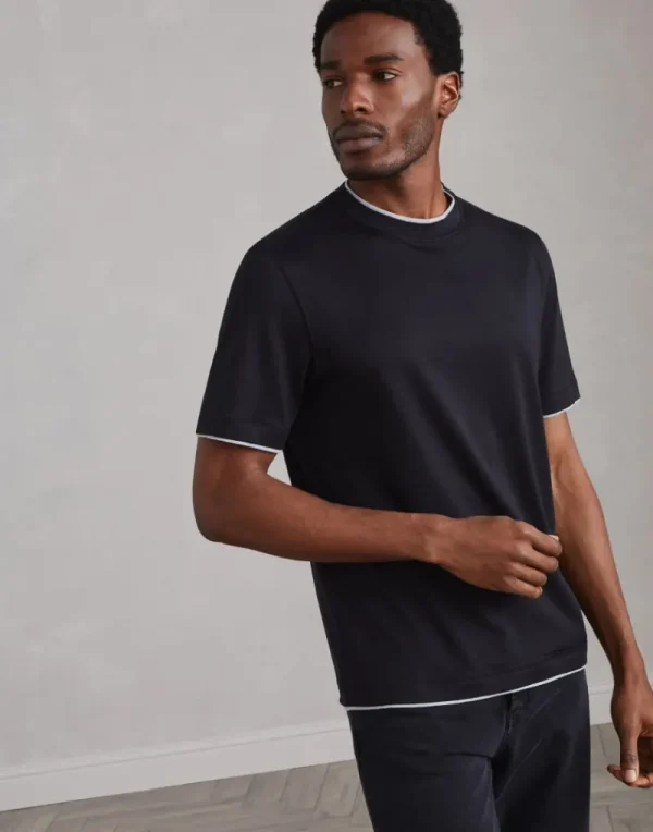 T-shirt & Polo-Brunello Cucinelli T-shirt girocollo in jersey leggero di seta e cotone con Faux Layering Nero (CGB88)