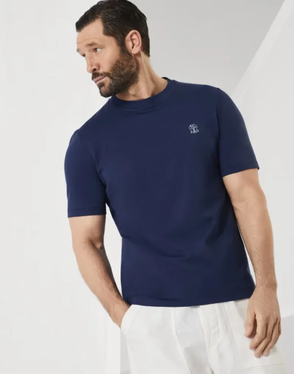 T-shirt & Polo-Brunello Cucinelli T-shirt girocollo in jersey di cotone con logo Blu (C2443)