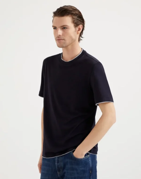 T-shirt & Polo-Brunello Cucinelli T-shirt girocollo in jersey leggero di seta e cotone con Faux Layering Blu Navy (CD361)