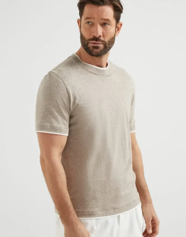 T-shirt & Polo-Brunello Cucinelli T-shirt girocollo in jersey di lino e cotone con Faux Layering Corteccia (CLT47)