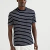 T-shirt & Polo-Brunello Cucinelli T-shirt girocollo in jersey rigato di seta e cotone con taschino Blu Navy (C1041)