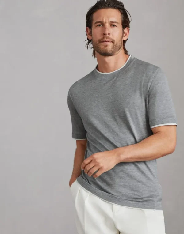 T-shirt & Polo-Brunello Cucinelli T-shirt girocollo in jersey leggero di seta e cotone con Faux Layering Grigio Medio (CNZ17)