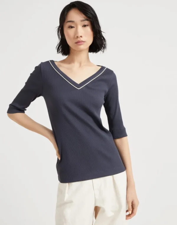 T-shirt & Top-Brunello Cucinelli T-shirt in jersey a costine di cotone comfort con Shiny Piping Moonlight (CUC78)