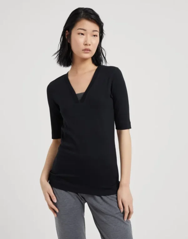 T-shirt & Top-Brunello Cucinelli T-shirt in jersey a costine di cotone stretch con Precious Insert Nero (C101)