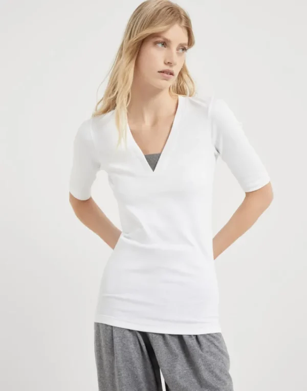 T-shirt & Top-Brunello Cucinelli T-shirt in jersey a costine di cotone stretch con Precious Insert Bianco (C159)