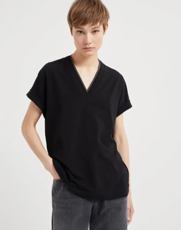 T-shirt & Top-Brunello Cucinelli T-shirt in jersey di cotone stretch con Precious Neckline Nero (C101)