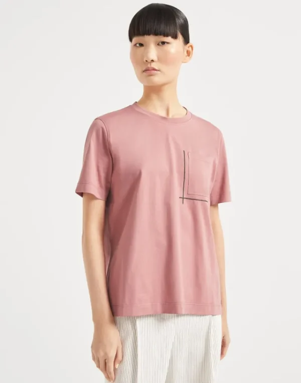 T-shirt & Top-Brunello Cucinelli T-shirt in jersey di cotone con Shiny Pocket Detail Rosa (C2926)