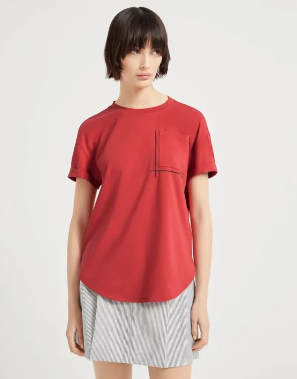 T-shirt & Top-Brunello Cucinelli T-shirt in jersey di cotone con Shiny Pocket Detail Rosso (C7901)