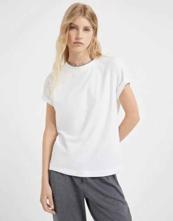 T-shirt & Top-Brunello Cucinelli T-shirt in jersey di cotone stretch con Precious Faux Layering Bianco (C159)