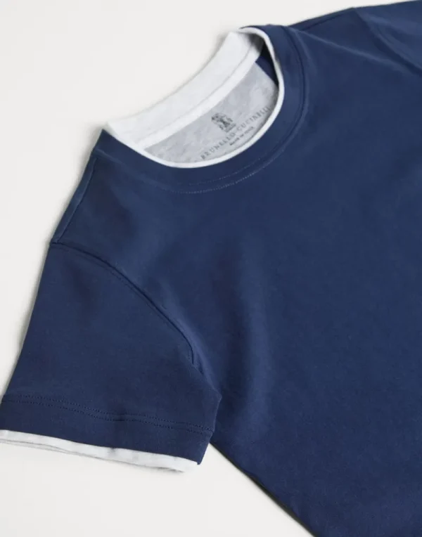 T-shirt & Camicie-Brunello Cucinelli T-shirt in jersey di cotone con Faux-Layering Blu (CHP63)