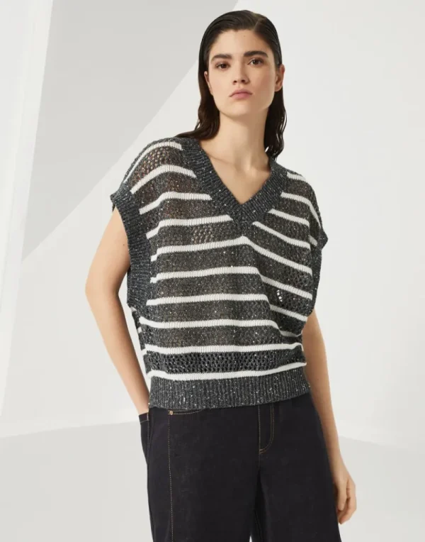 Maglieria-Brunello Cucinelli T-shirt in maglia Dazzling Striped Net di lino Grey Blue (CAS74)