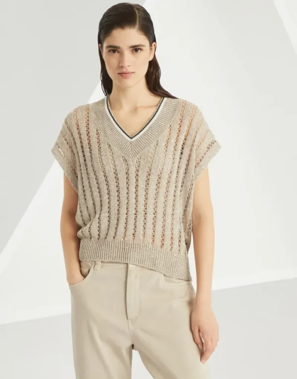 Maglieria-Brunello Cucinelli T-shirt in maglia Dazzling Ribbed Net di lino Beige Freddo (CJK08)