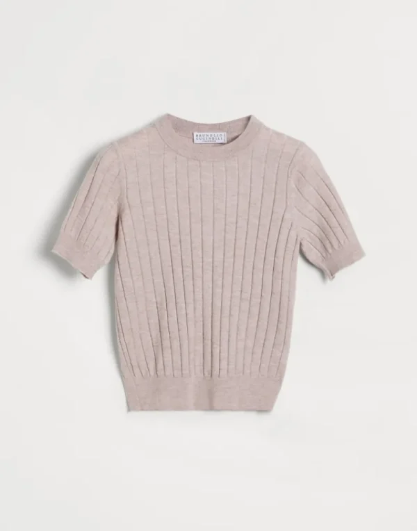 Maglieria-Brunello Cucinelli T-shirt in maglia di cashmere Sparkling a coste Rosa (C9614)