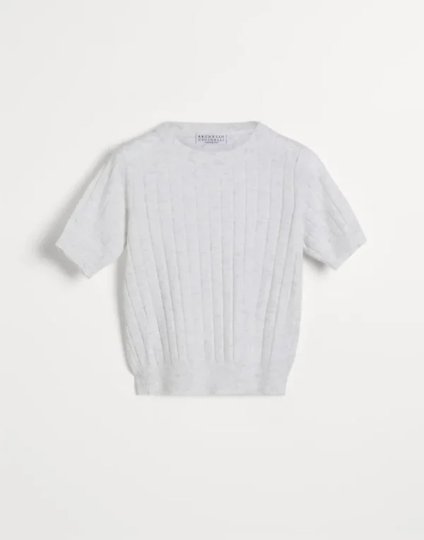 Maglieria-Brunello Cucinelli T-shirt in maglia di cashmere Sparkling a coste Bianco (C159)