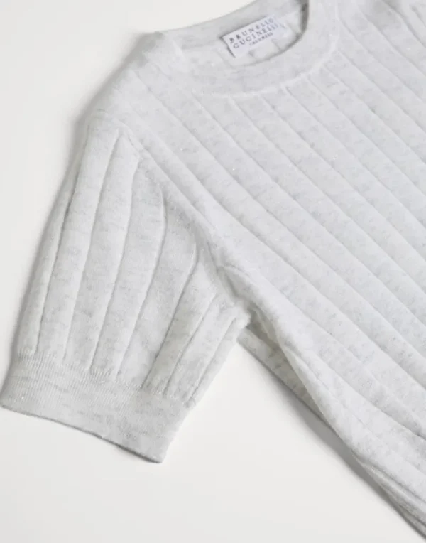 Maglieria-Brunello Cucinelli T-shirt in maglia di cashmere Sparkling a coste Bianco (C159)