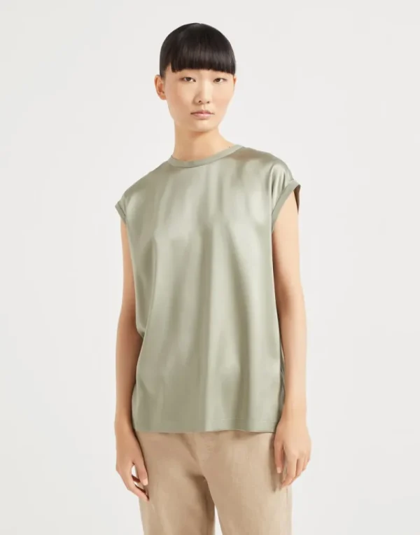 T-shirt & Top-Brunello Cucinelli T-shirt in raso di seta stretch con monile Verde (C3066)