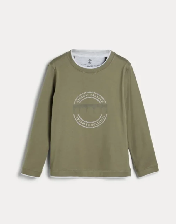 T-shirt & Camicie-Brunello Cucinelli T-shirt manica lunga in jersey di cotone con Faux-Layering e stampa Verde (CCK41)