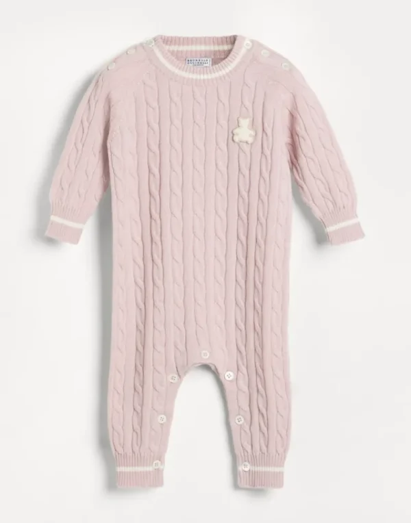 Newborn (0-24 Mesi)-Brunello Cucinelli Tuta Baby Bernie in maglia di cashmere a treccia Rosa (CXV81)