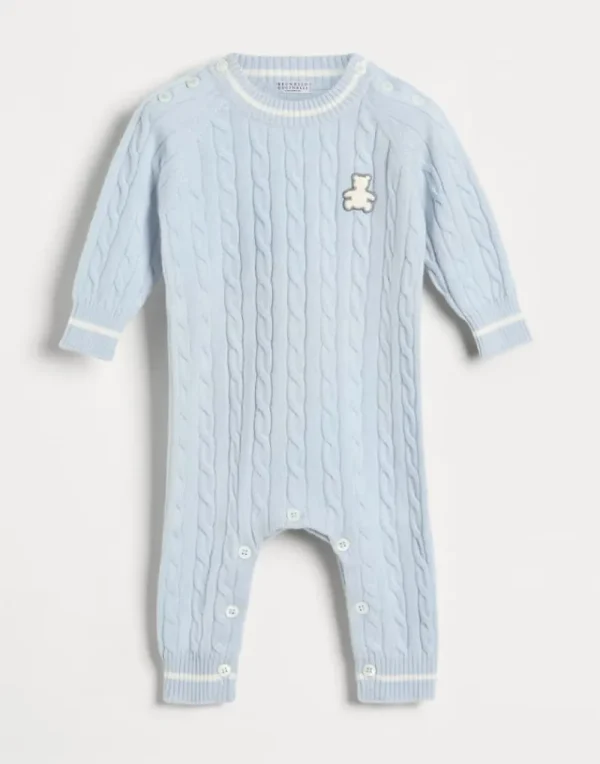 Newborn (0-24 Mesi)-Brunello Cucinelli Tuta Baby Bernie in maglia di cashmere a treccia Ice (CHC21)