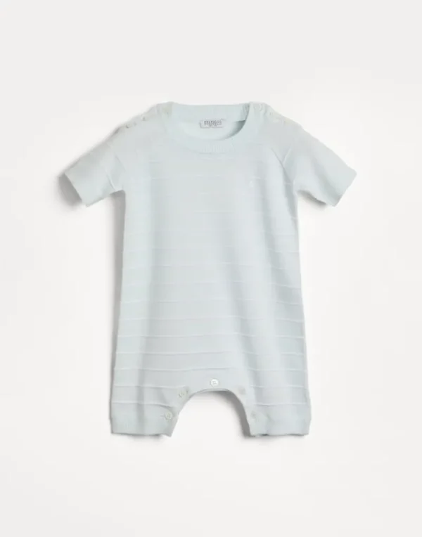 Newborn (0-24 Mesi)-Brunello Cucinelli Tuta Baby Bernie in maglia leggera di cotone a righe Celeste (CSU78)