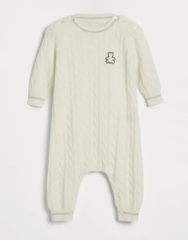 Newborn (0-24 Mesi)-Brunello Cucinelli Tuta Baby Bernie in maglia di cashmere a treccia Latte (CJ836)